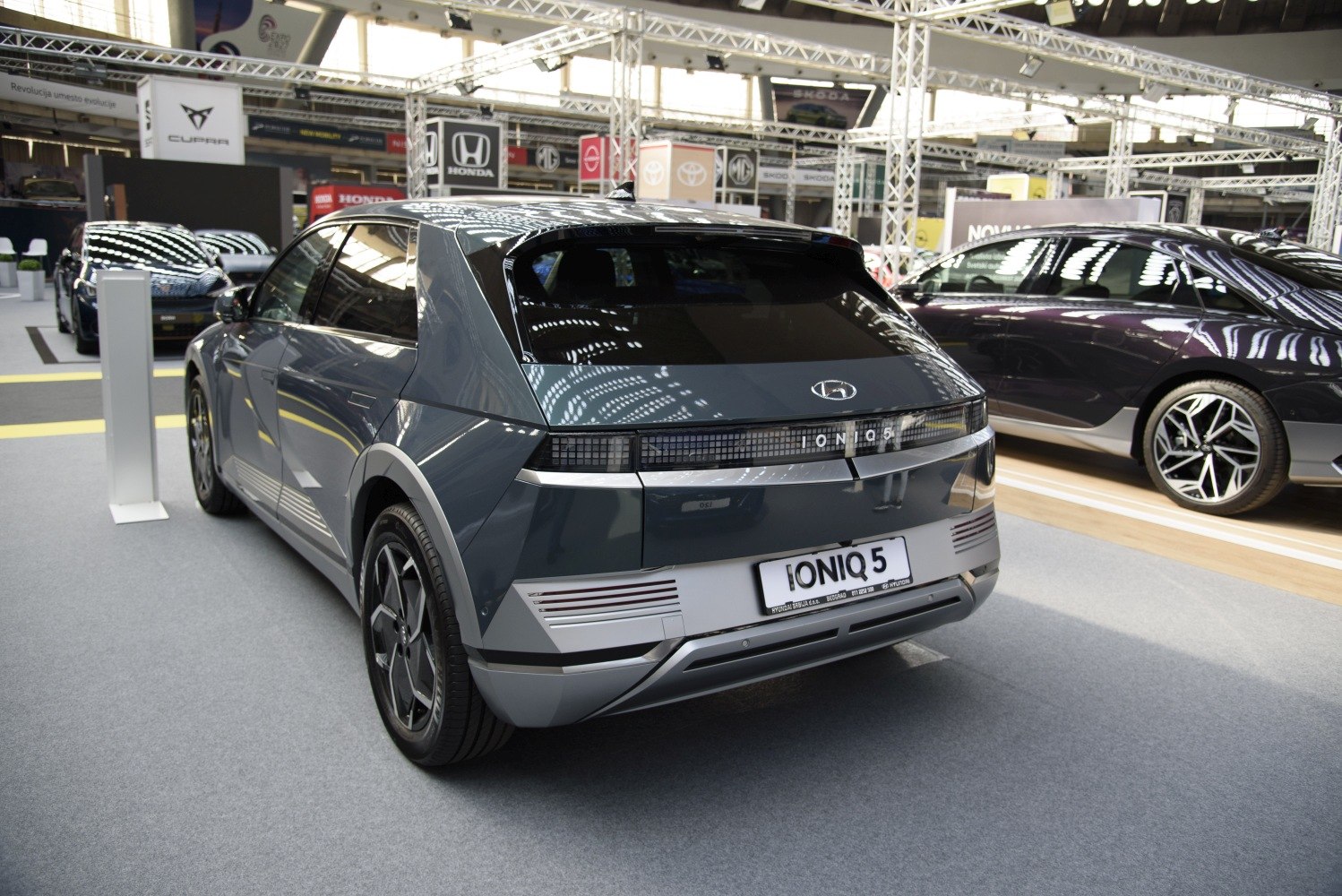 Rear view showcasing unique geometric taillights and design lines.