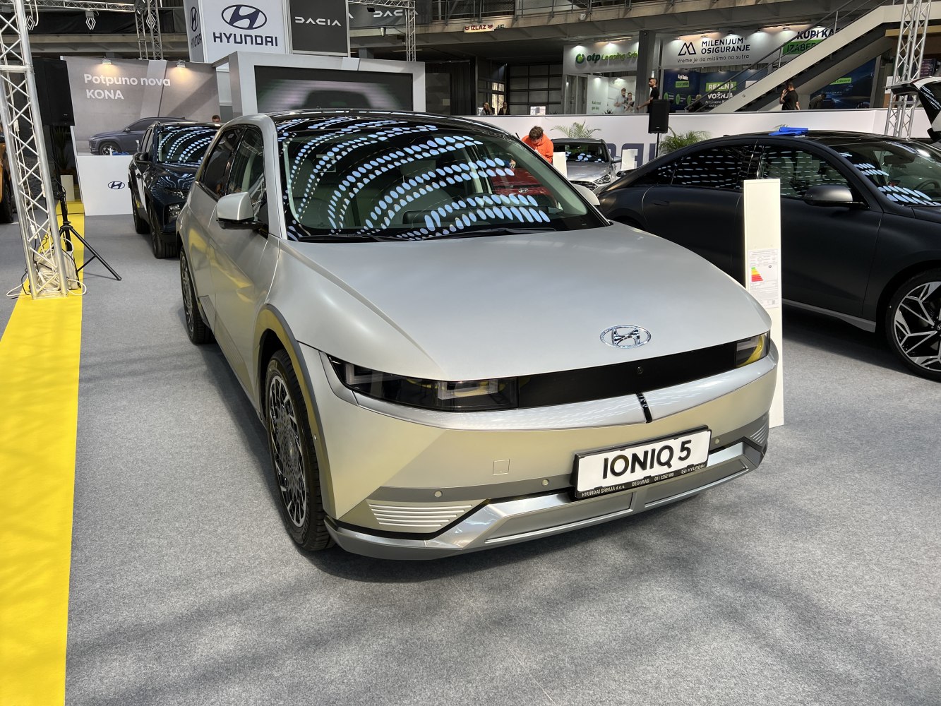 Futuristic front design with LED headlights of an electric SUV