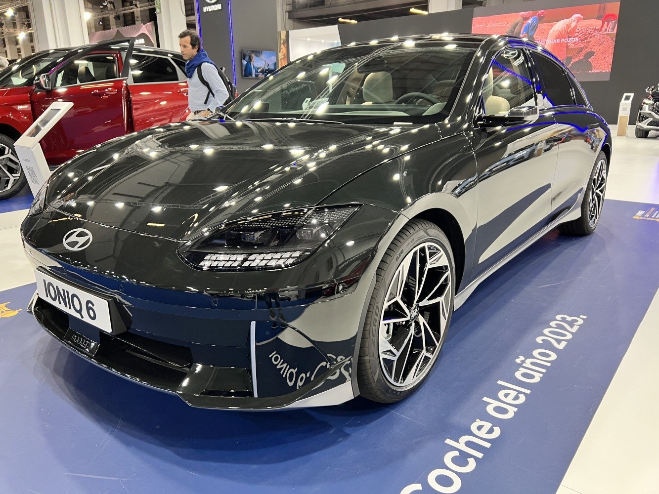 Sleek electric sedan with aerodynamic shape and LED headlights