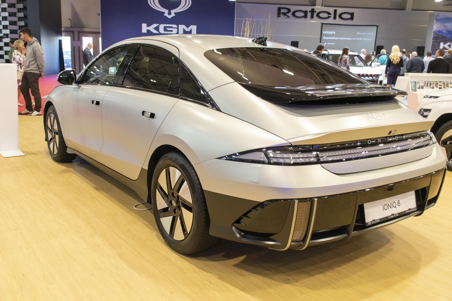 Electric sedan with aerodynamic rear and modern alloy wheels