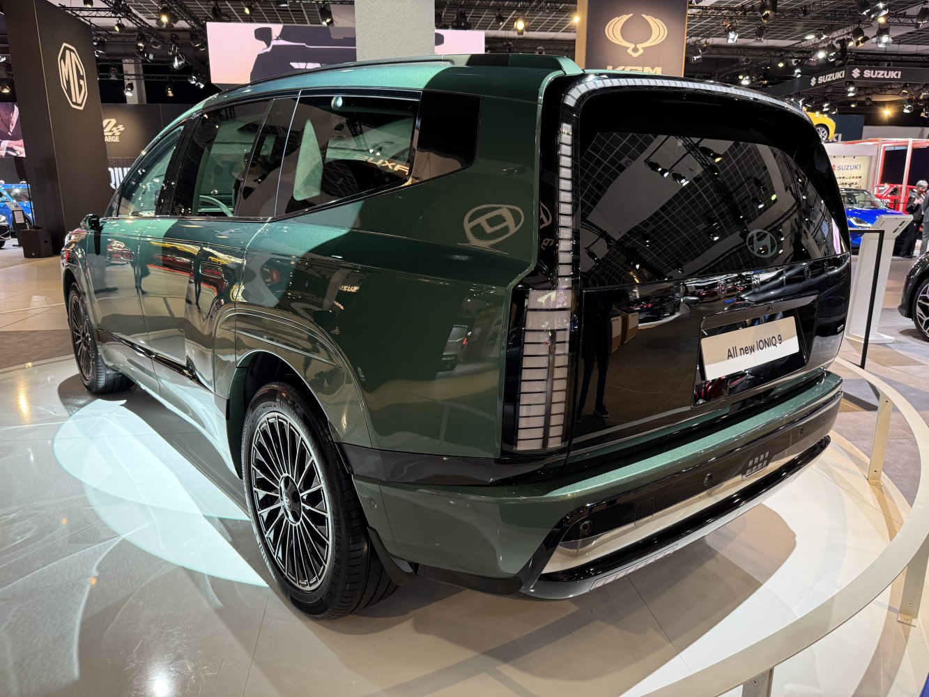 Rear and side view of electric SUV with distinctive taillights and sleek profile