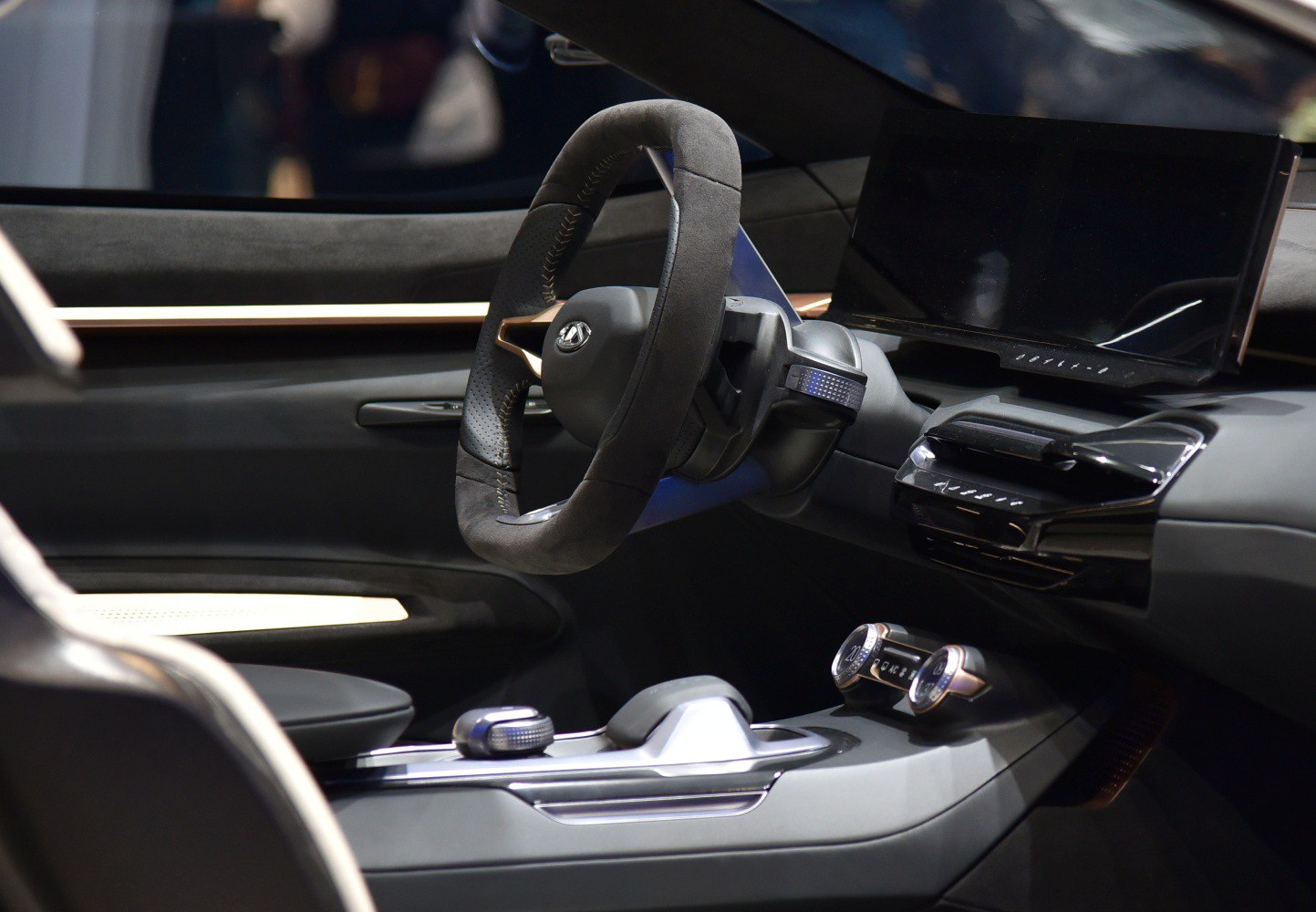 Futuristic concept interior with unique steering wheel and digital display