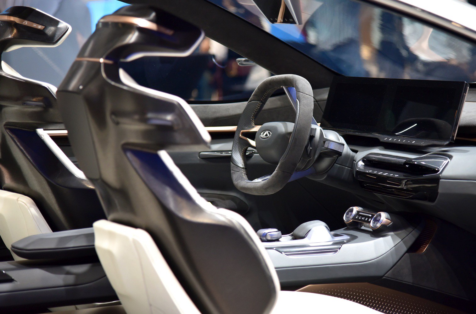 Futuristic steering wheel and advanced interior cockpit design