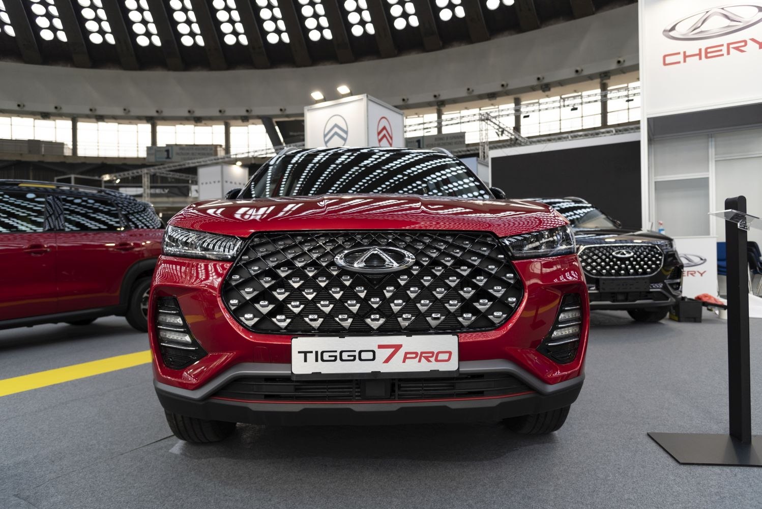 Front view showing distinctive grille and LED headlights