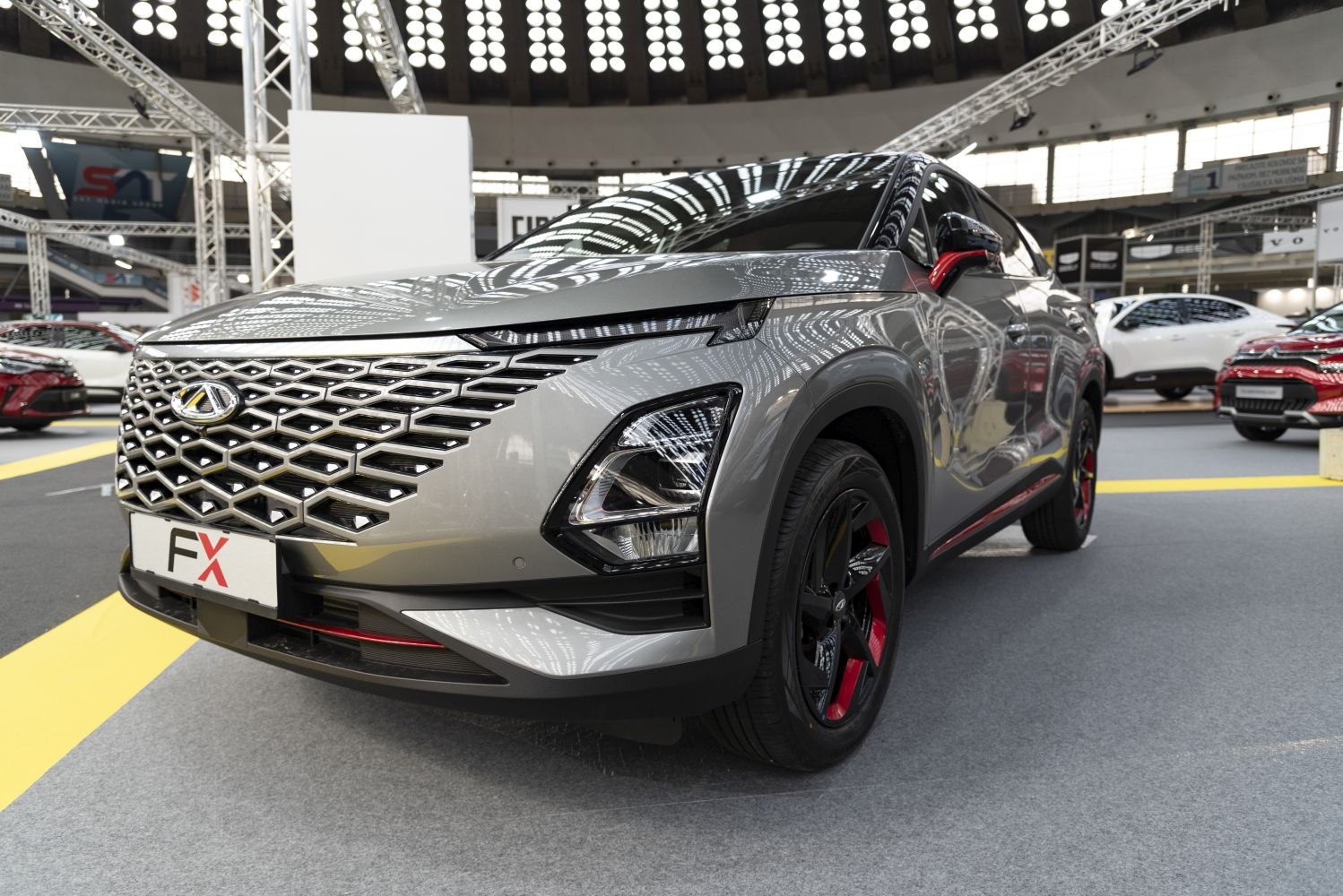 Modern SUV front grille and angular headlights