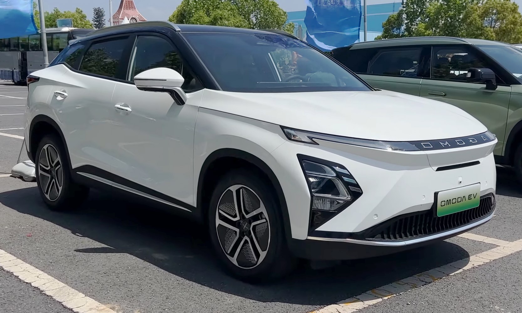 Electric SUV with futuristic LED headlights and aerodynamic wheels
