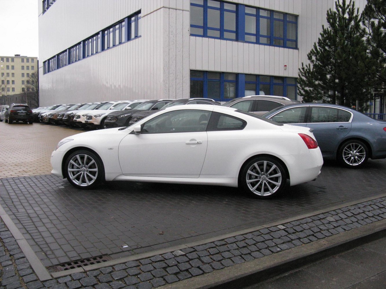 Side profile of a sleek coupe with alloy wheels parked in a lot.