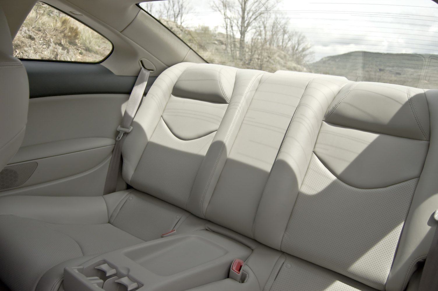 Rear seats with leather upholstery and seatbelt of a coupe