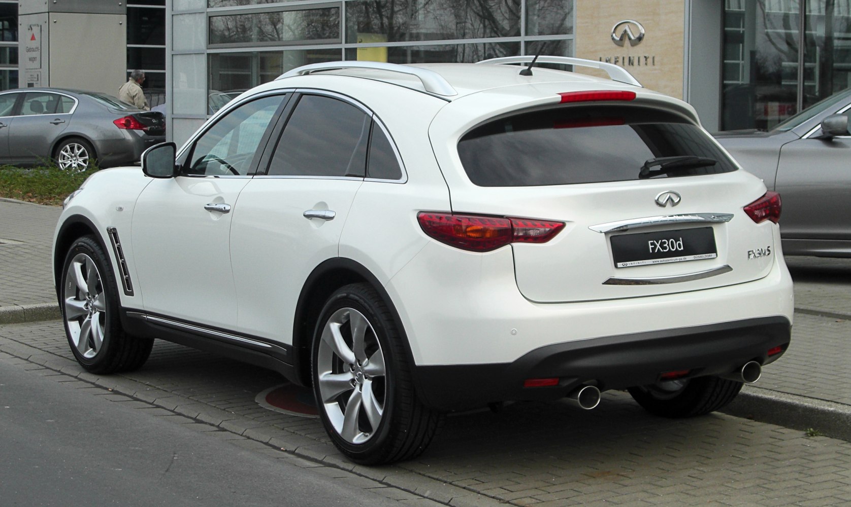 Rear side view of a sporty SUV with dual exhaust and tinted windows
