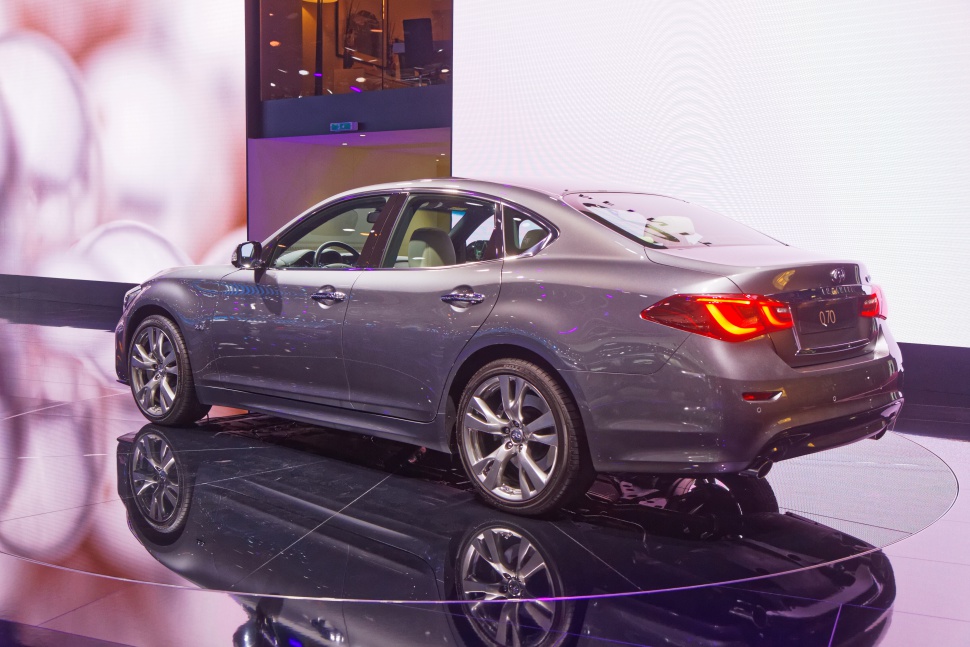 Rear-side view of a luxury sedan with alloy wheels and sleek design