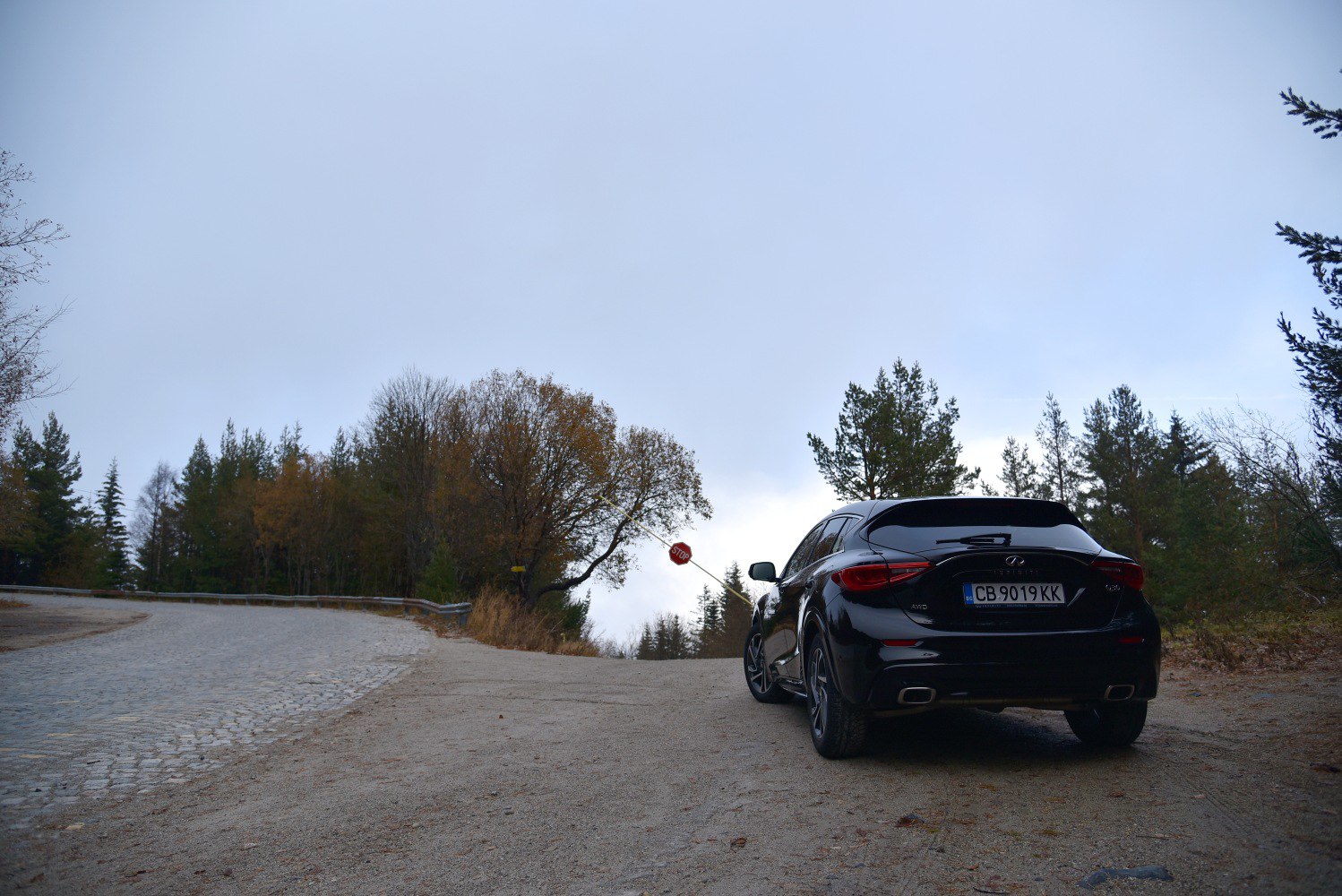 Rear view of black luxury hatchback on rural road