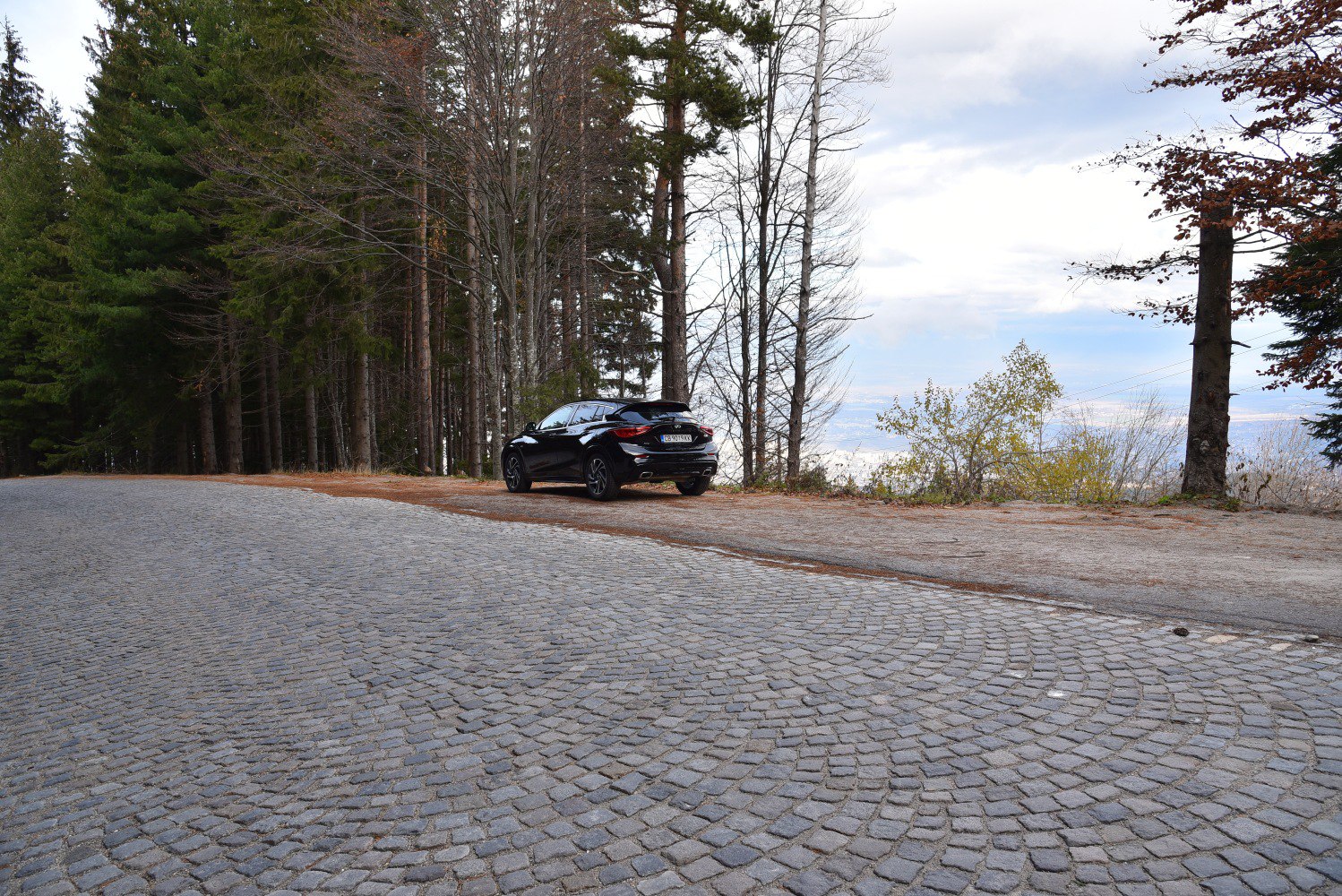 Rear perspective of a sleek car with distinctive tail lights on cobblestone.
