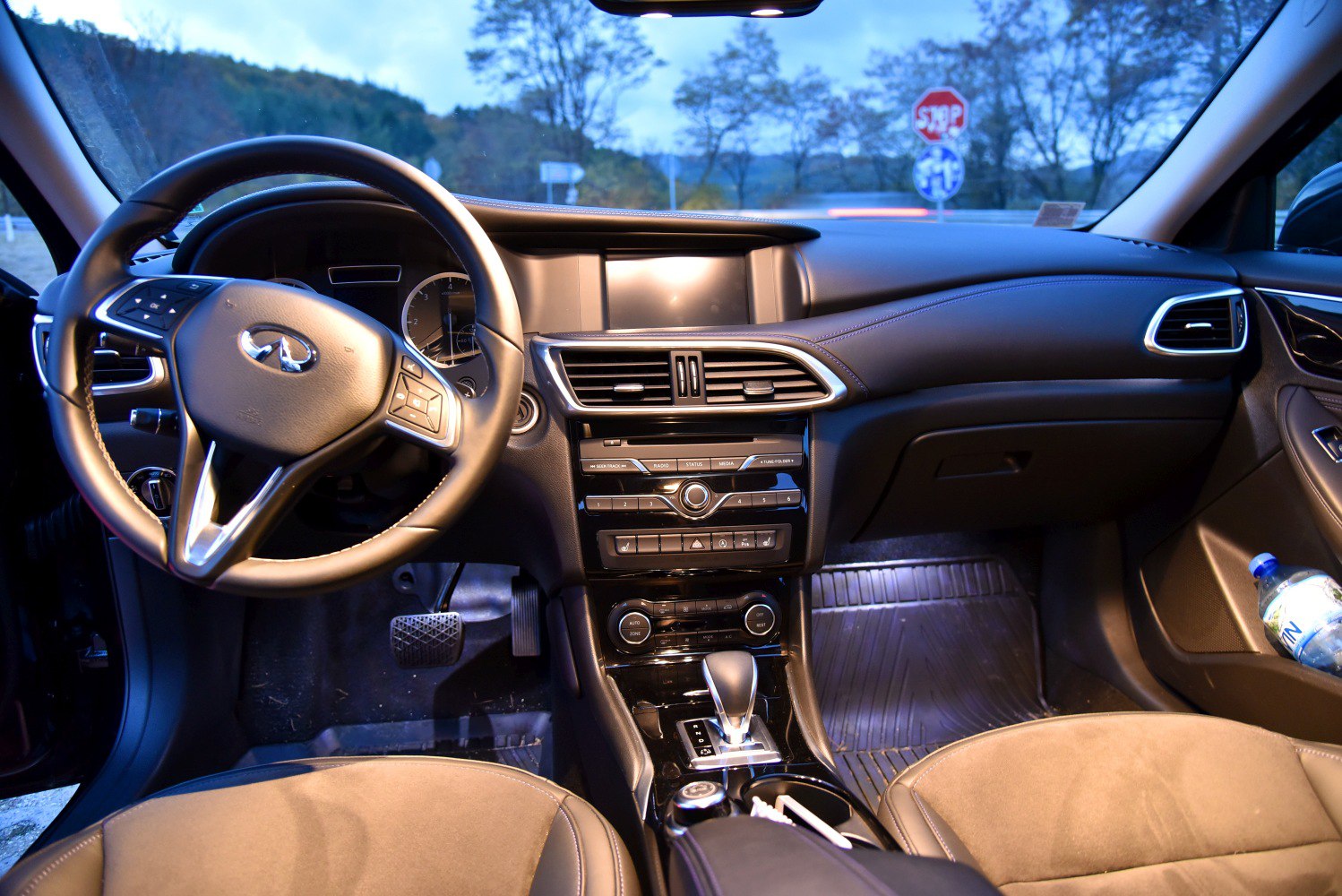 Steering wheel, dashboard, and center console interior view