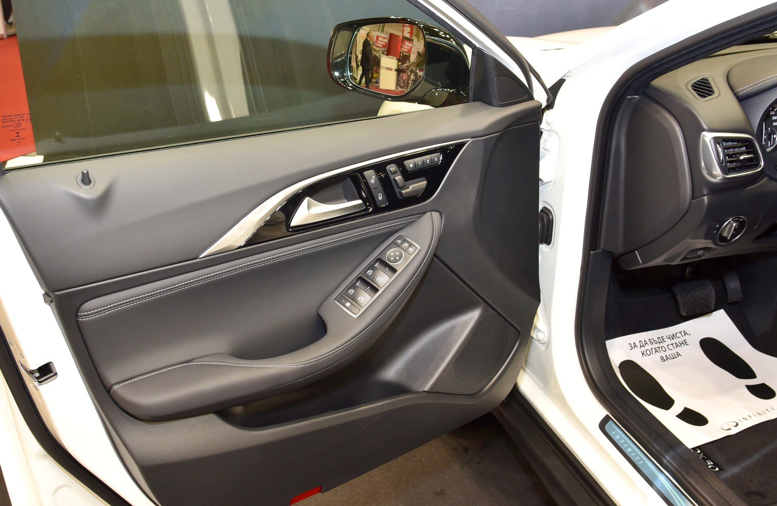 Interior door panel with control buttons and trim