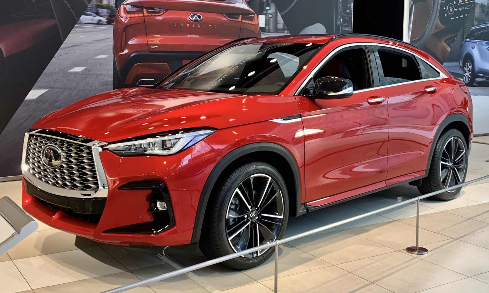 Front side view with distinctive grille and LED headlights