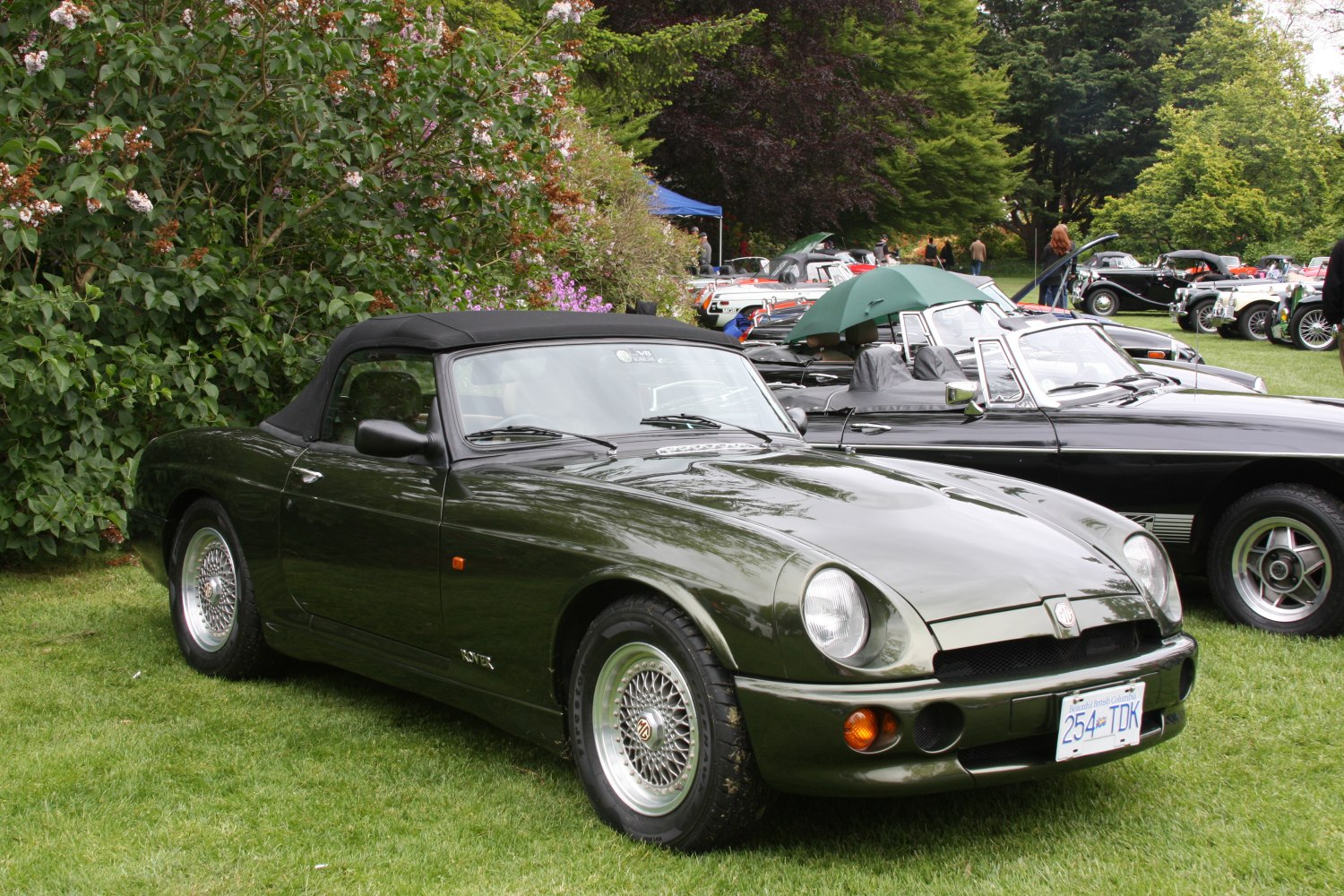 Classic convertible roadster with round headlights and wire-spoke wheels
