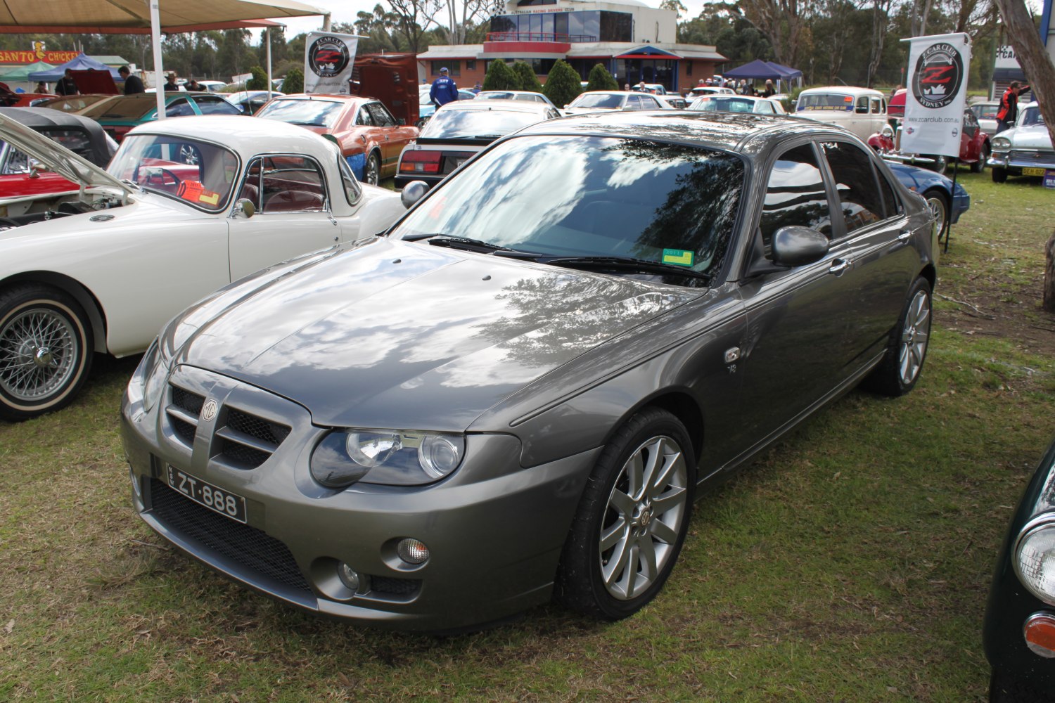 Grey sedan with sporty front end and alloy wheels on grass