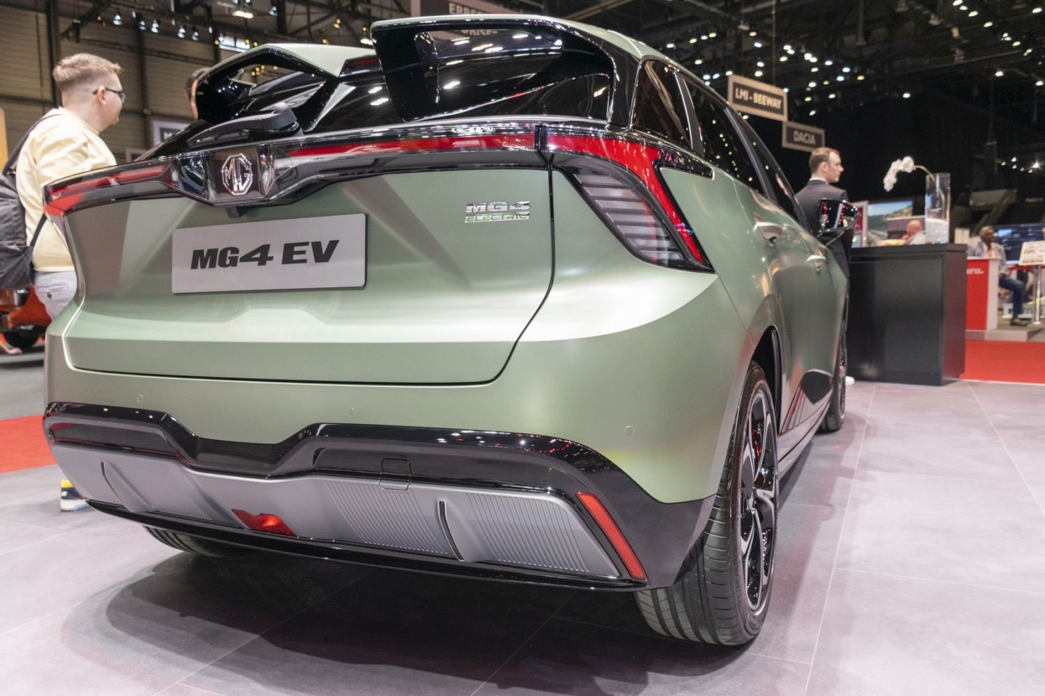 Rear view of electric hatchback with LED tail lights and aerodynamic rear bumper