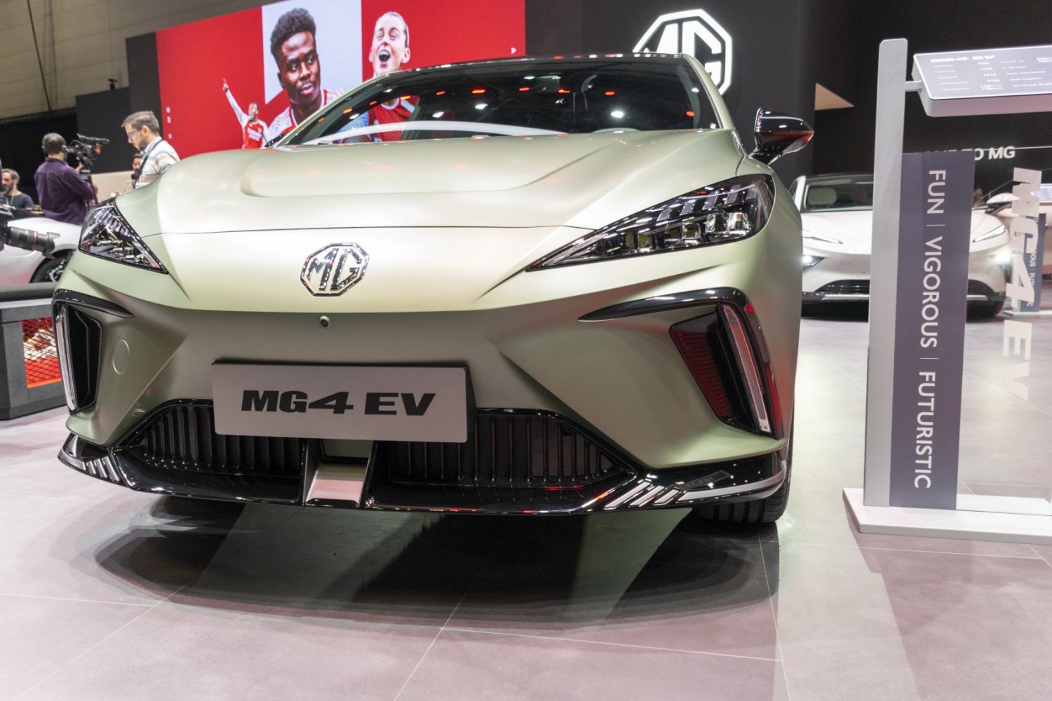 Close-up front view of sleek LED headlights and aerodynamic bumper