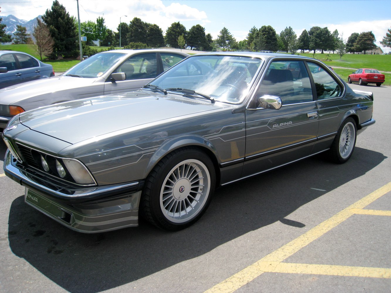 Classic vintage coupe with Alpina stripes and multi-spoke wheels