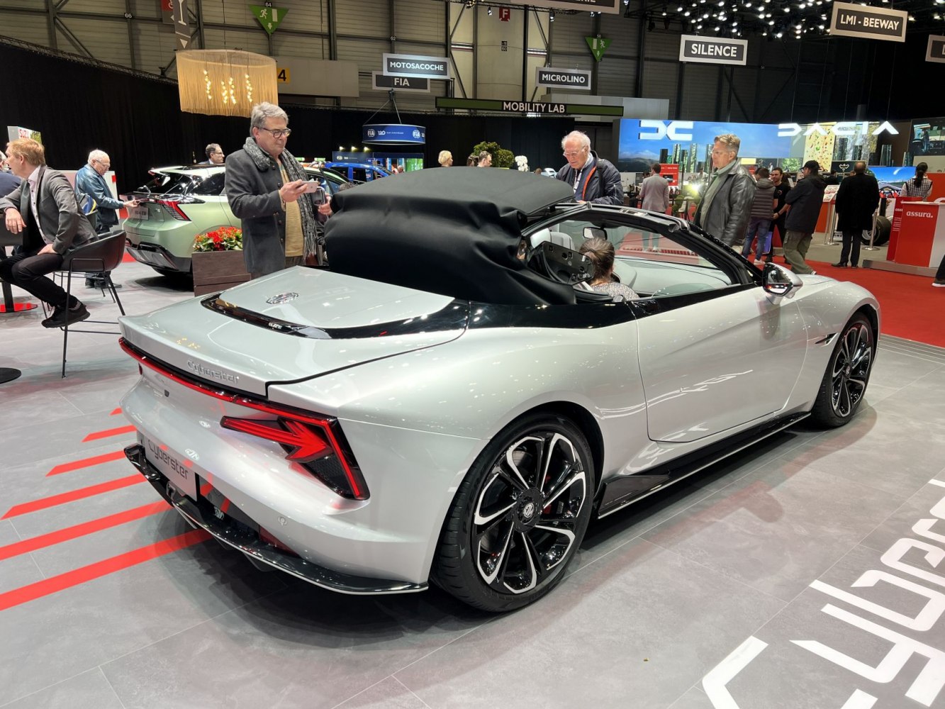 Rear view of electric convertible with soft top roof
