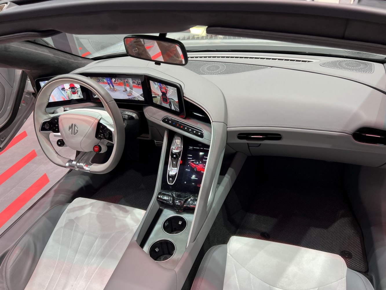 Digital dashboard and vertical touchscreen center console in car interior