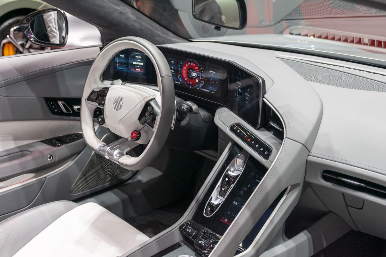 Digital cockpit with futuristic steering wheel and sleek center console