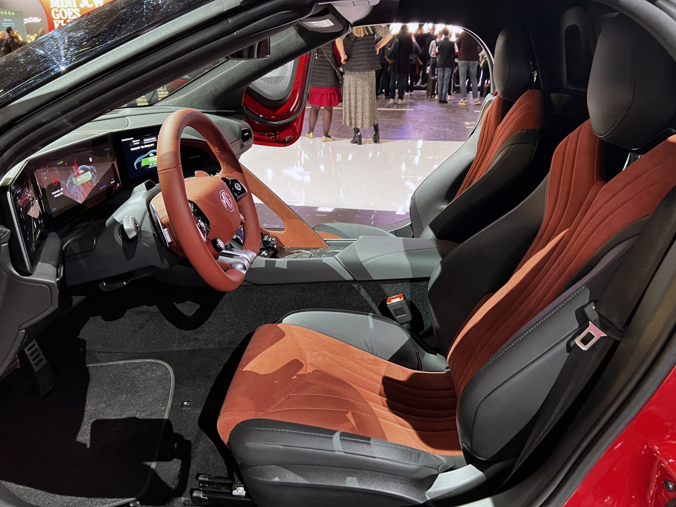 Digital dashboard and sporty bucket seats in modern car interior