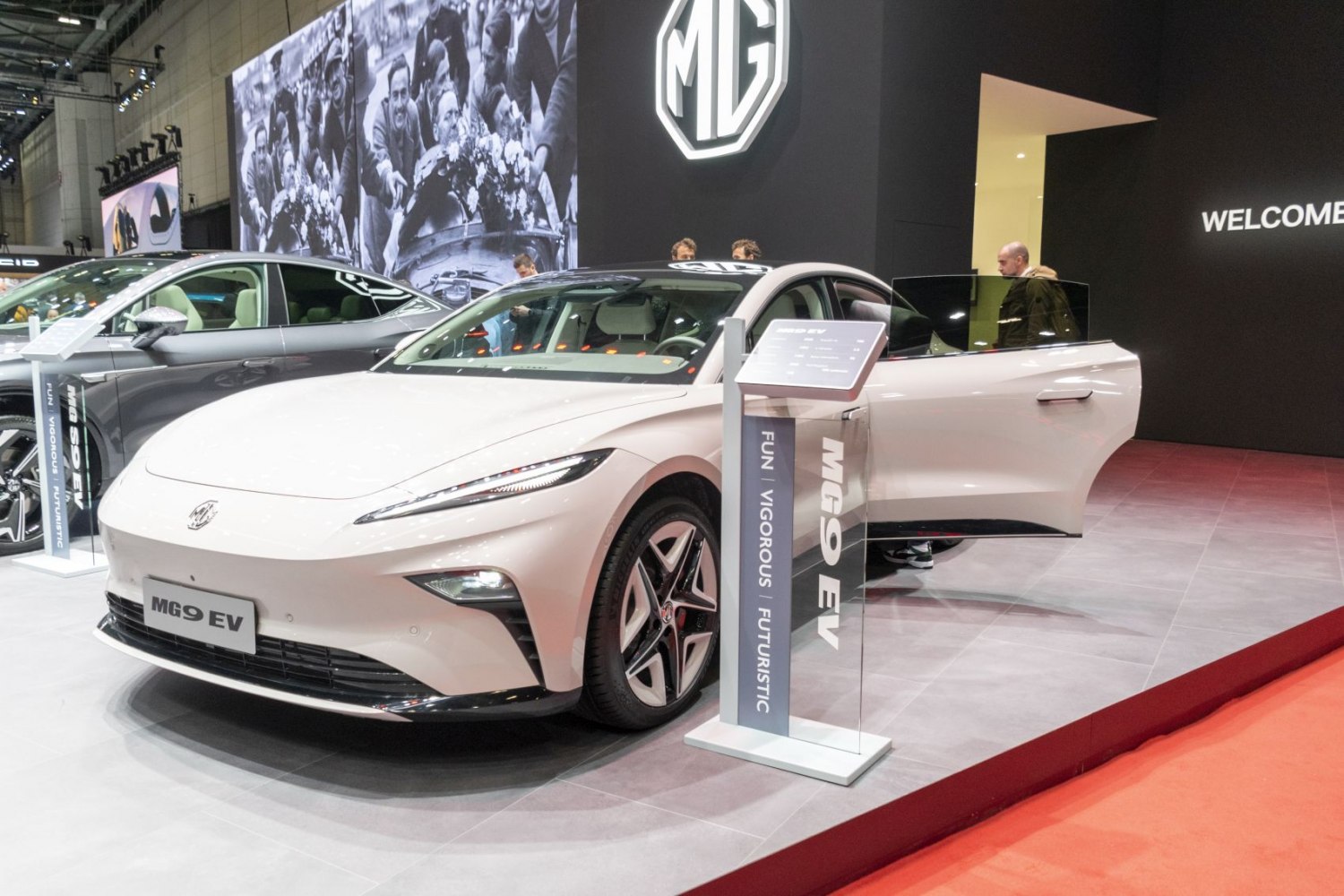Sleek electric sedan with aerodynamic body and modern LED headlights