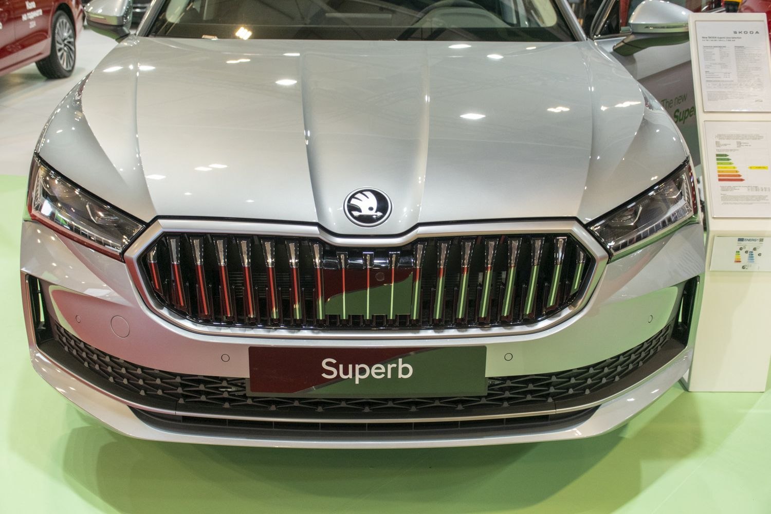Front grille and LED headlights close-up