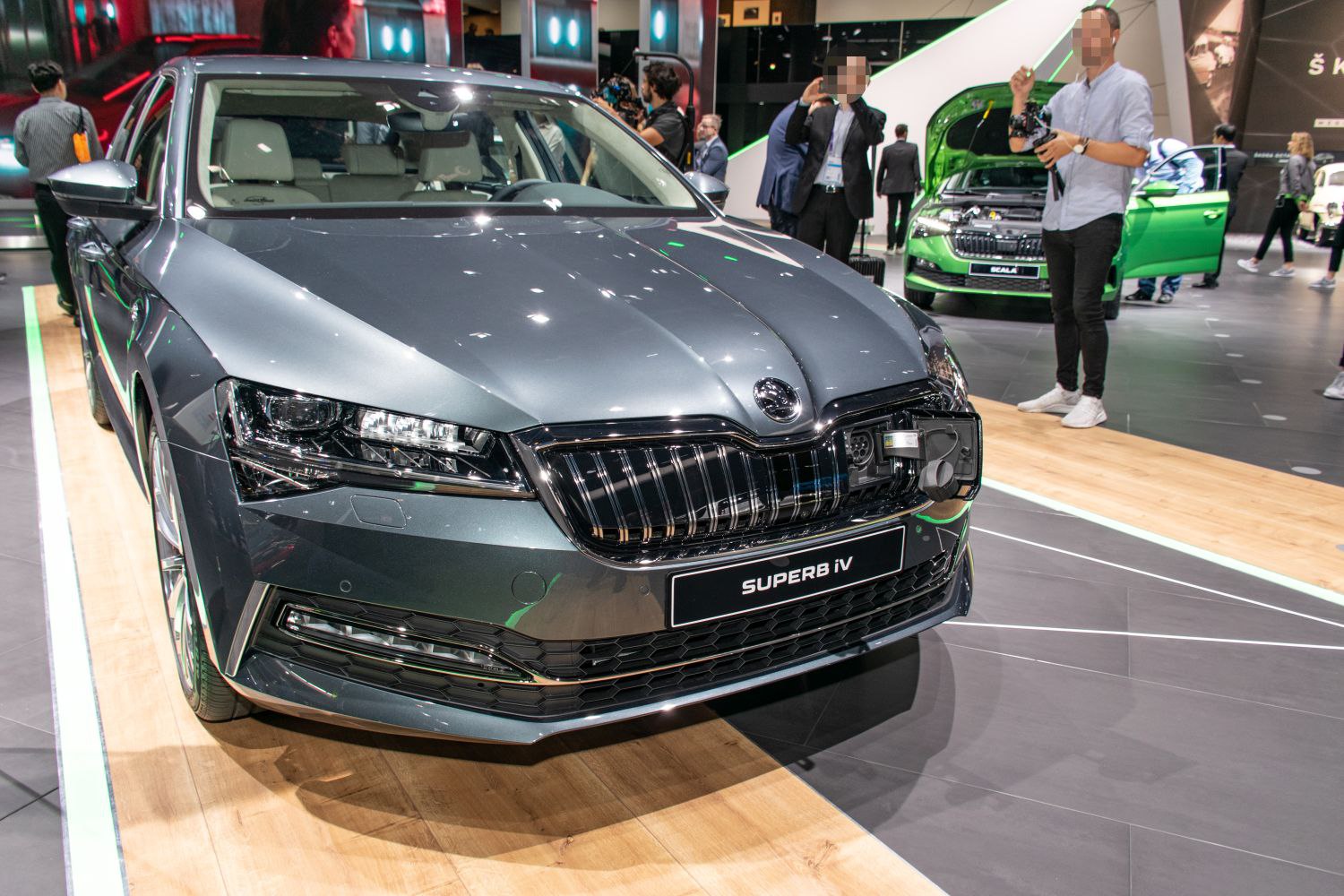 Close-up of front grille and LED headlights