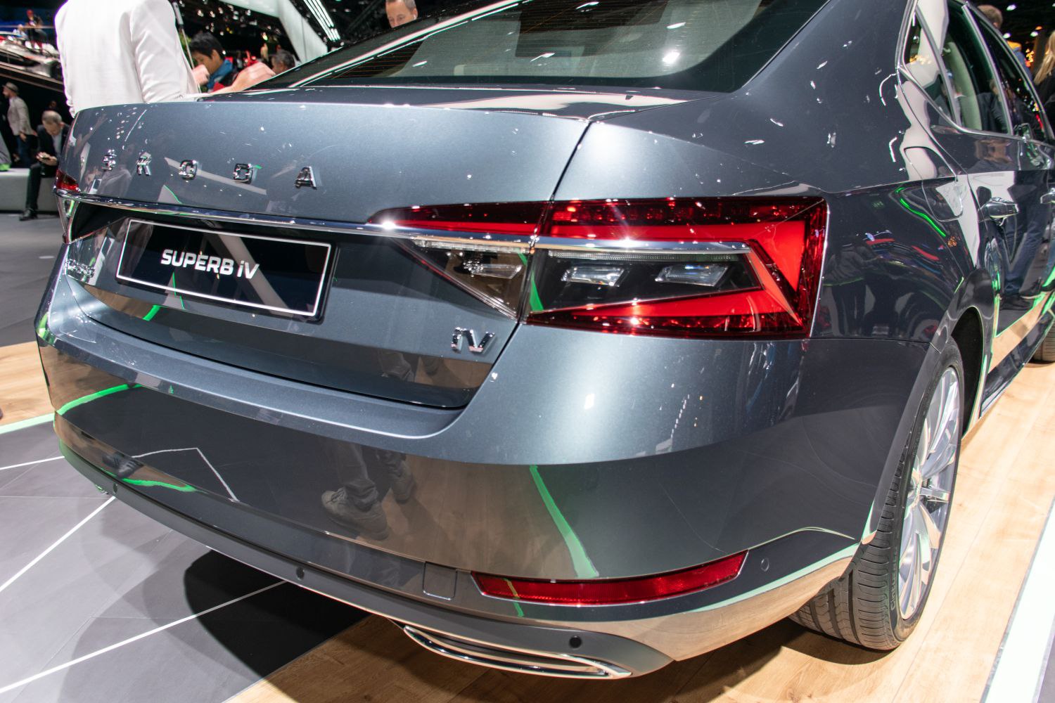Close-up of rear LED taillights and dual exhaust design