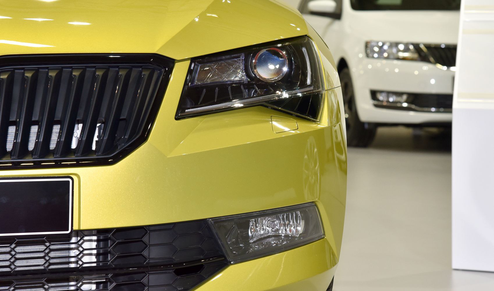 Close-up of front grille and headlight with projector lamp