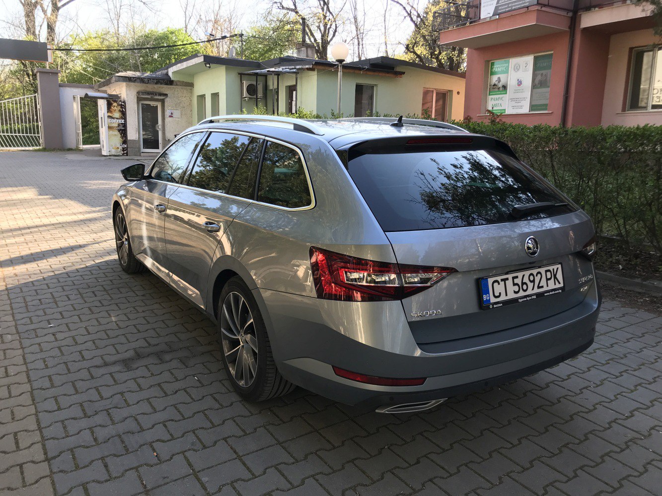 Rear and side perspective of a modern station wagon