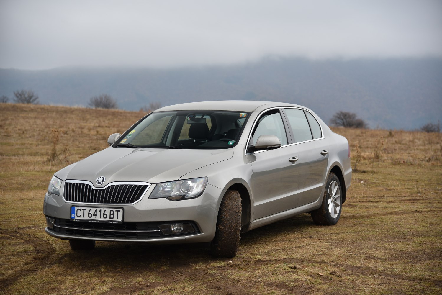 Silver sedan with distinctive grille and headlights in an off-road setting