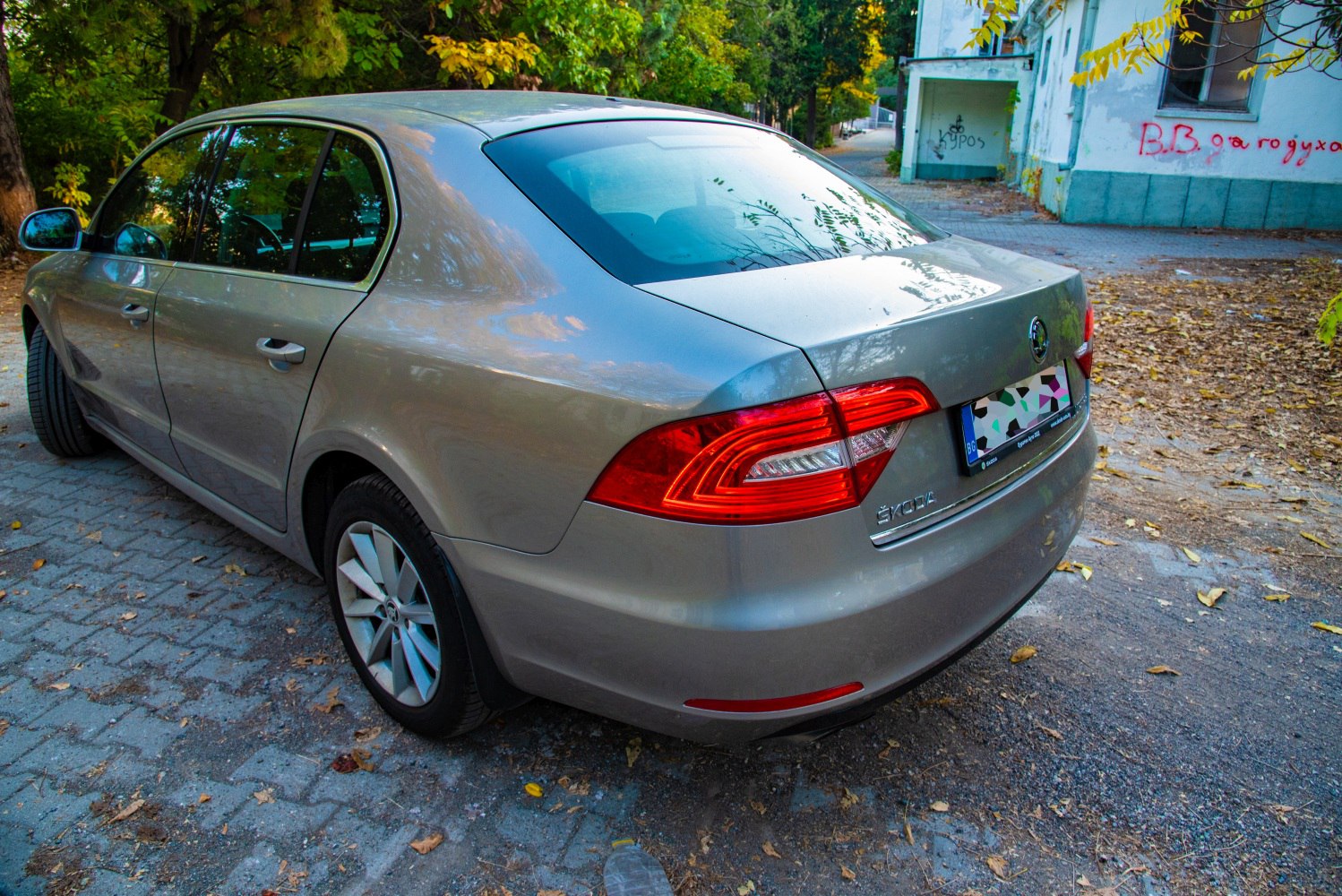 Rear view with distinctive taillights of a silver sedan