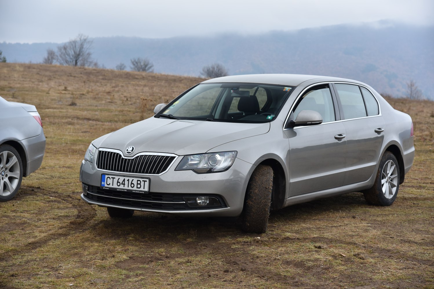 Silver sedan front three quarter view on grass and mud