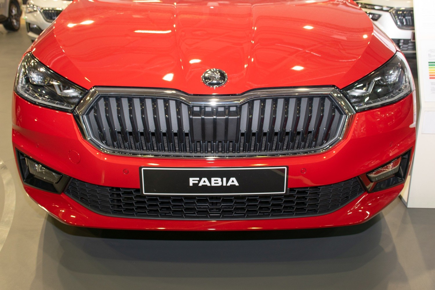Close-up of front grille and angular headlights
