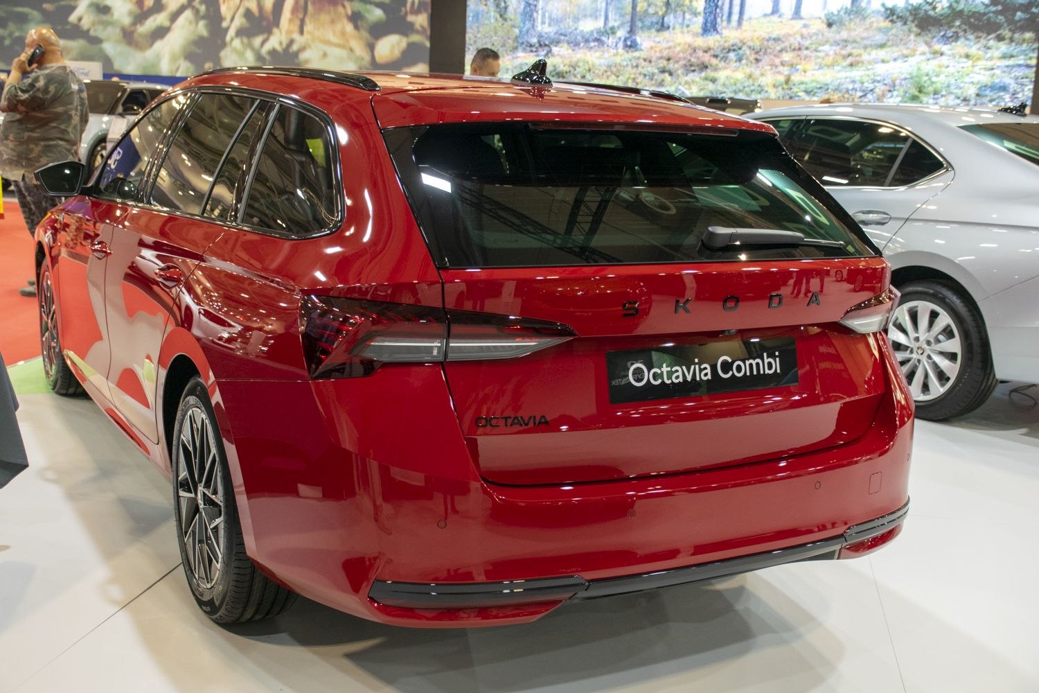 Rear view and tail light details of a modern red wagon