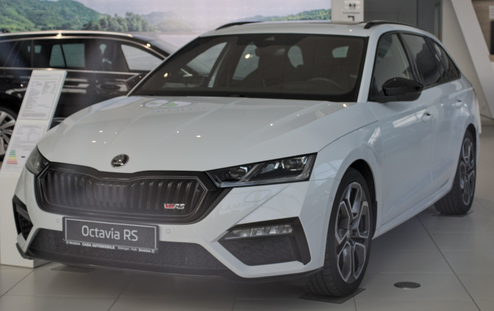Front view with signature grille and LED headlights of a sporty vehicle
