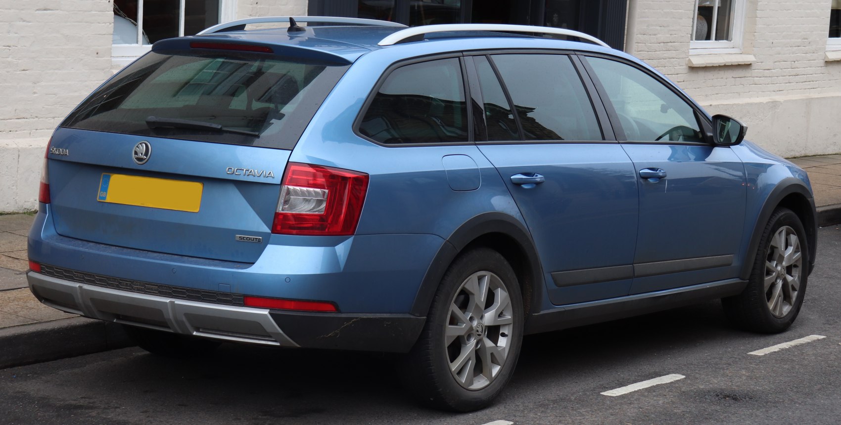rear side view of blue estate with roof rails and plastic cladding