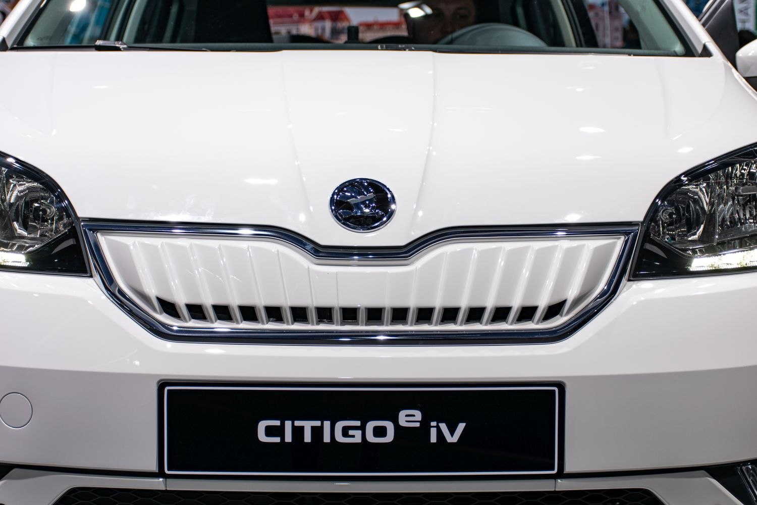Electric Skoda Citigo e iV front grille and headlights close-up