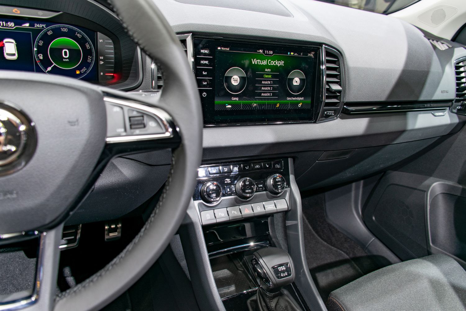 Digital cockpit and touchscreen control panel with gear shift and climate controls
