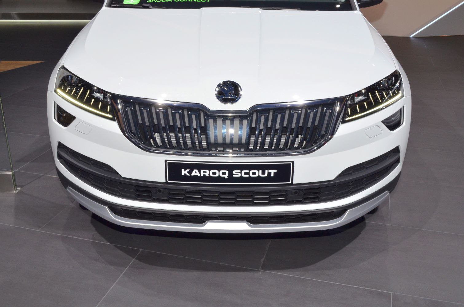 Front grille with vertical slats and LED headlights with daytime running lights