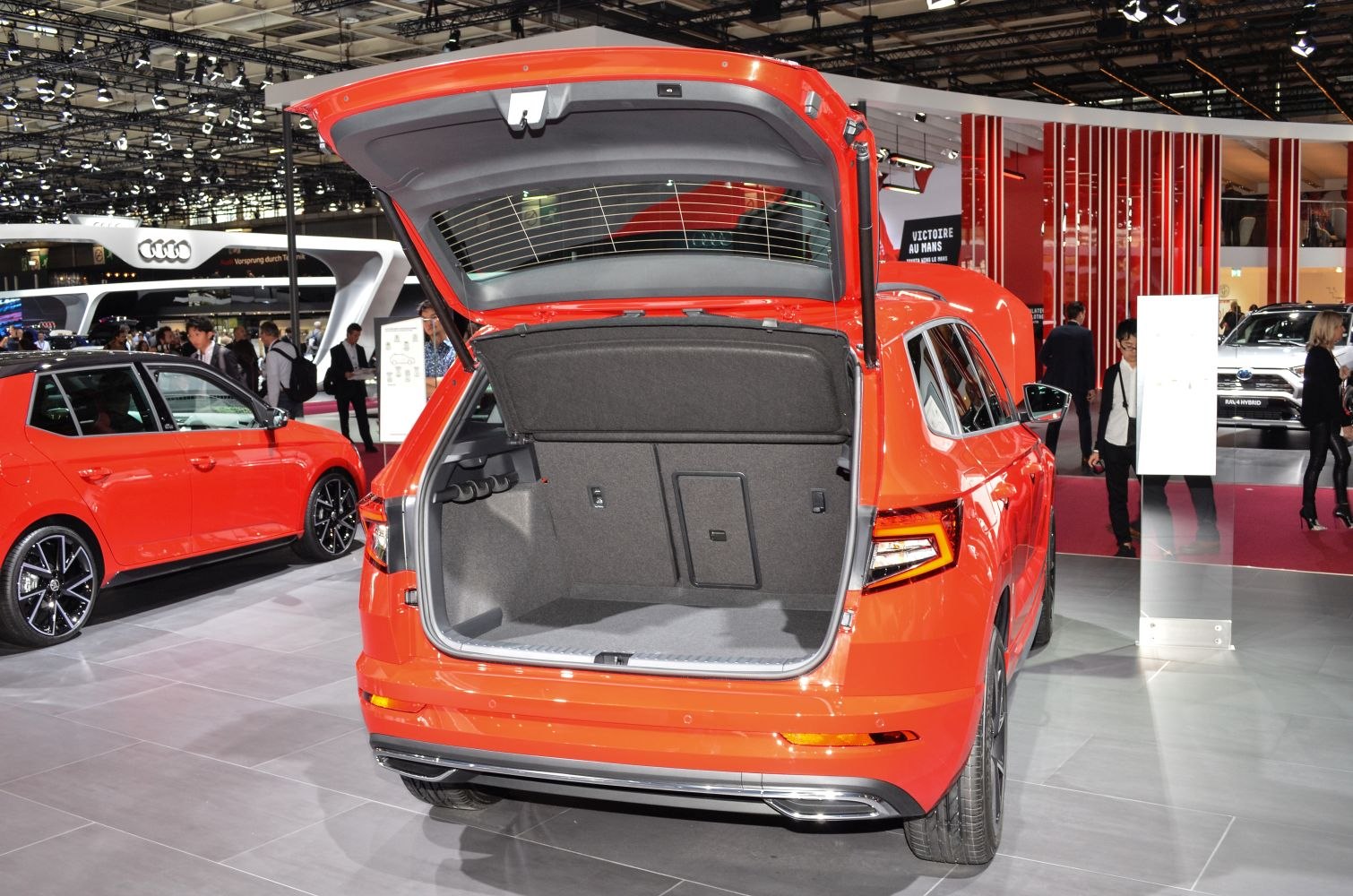 Spacious open trunk with wide cargo area and rear hatch open.