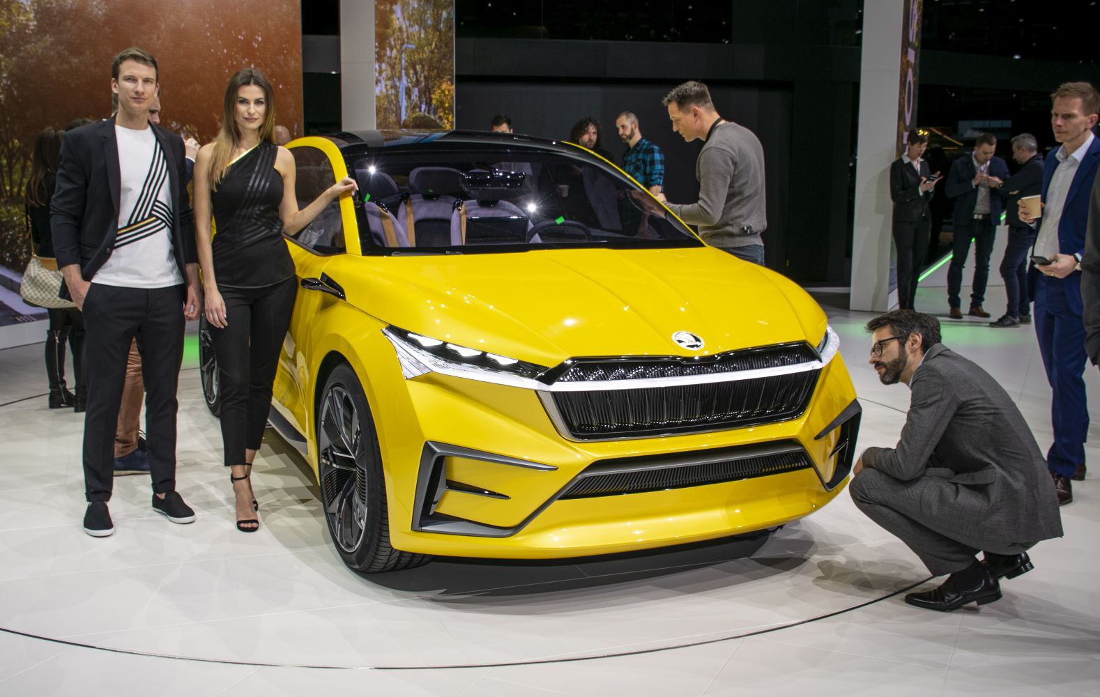 Yellow concept hatchback with sharp LED headlights and unique grille