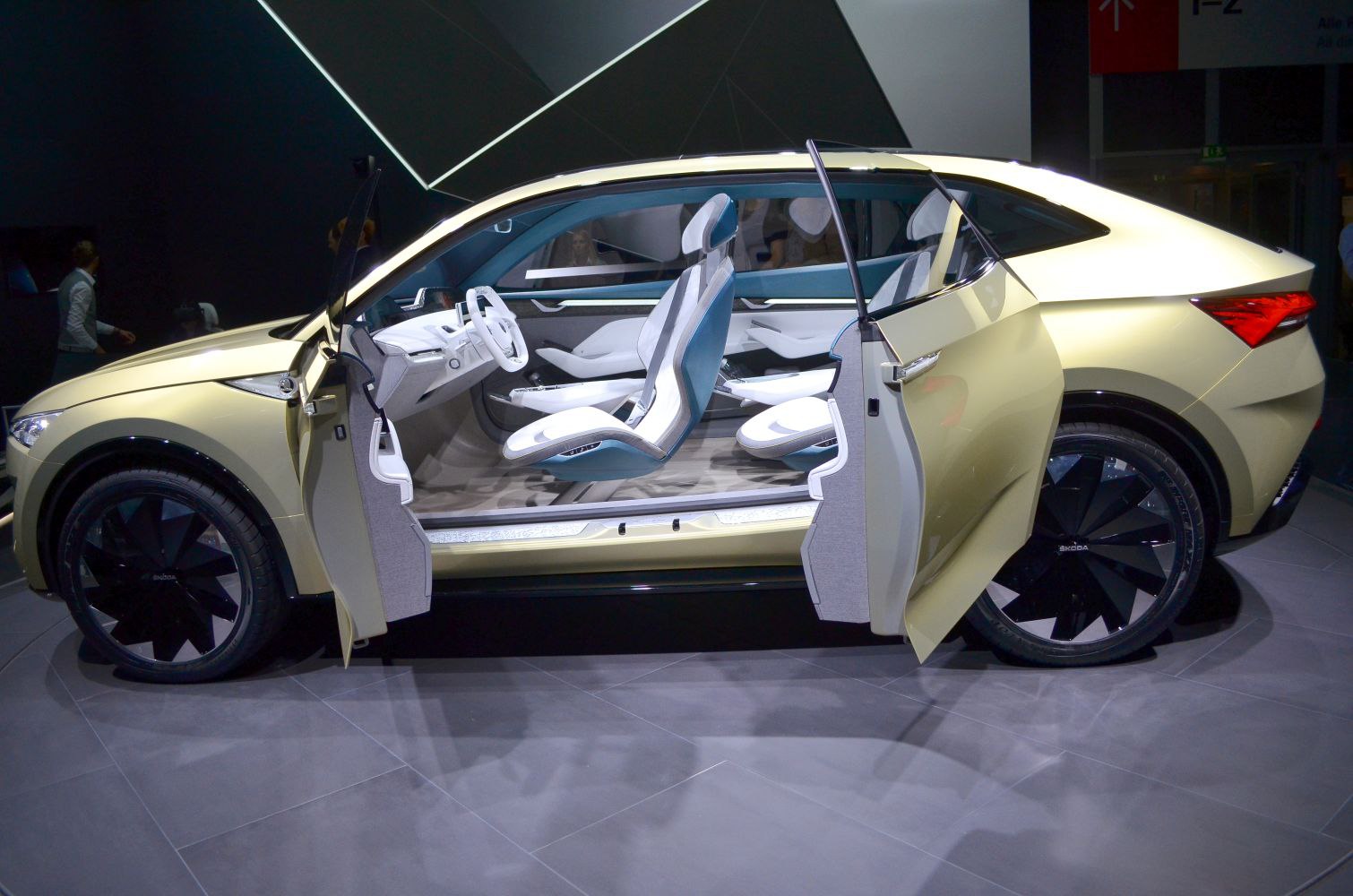 Futuristic car interior and sleek exterior with open doors