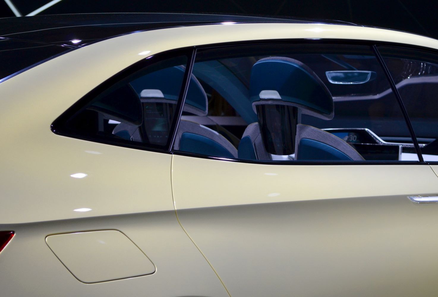Rear side window and futuristic interior seating of a concept car