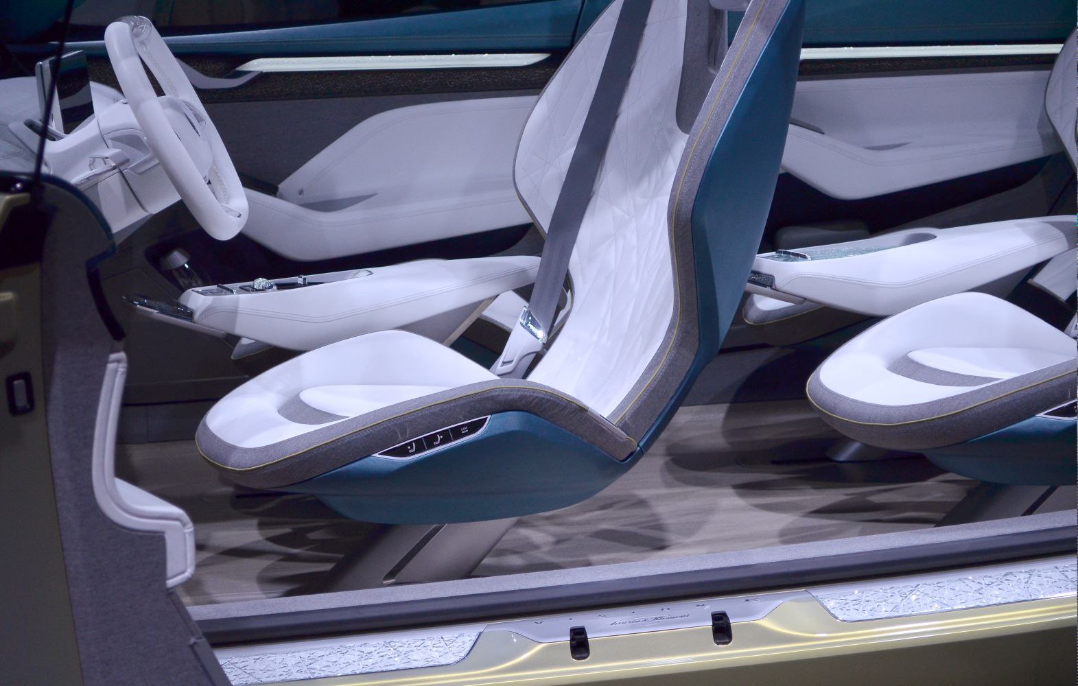 Futuristic interior with floating minimalist seats and modern control panel