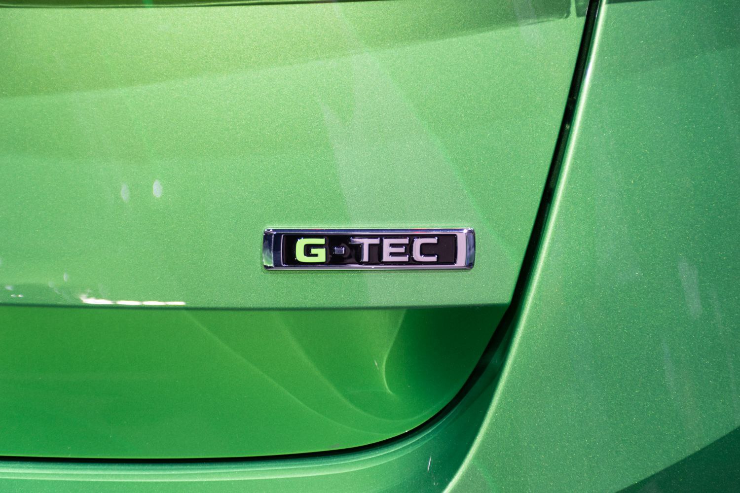 Close-up of G-TEC badge on green car body panel.